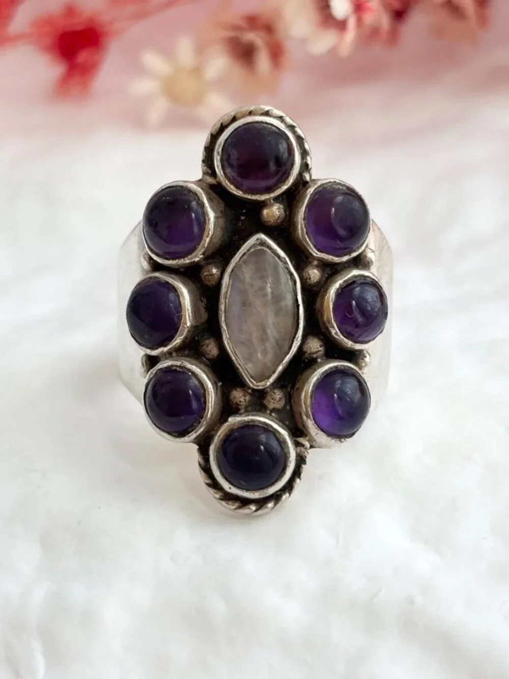 Amethyst Cabochon & Moonstone Art Deco Sterling Silver 925 Vintage Ring sz 6.75